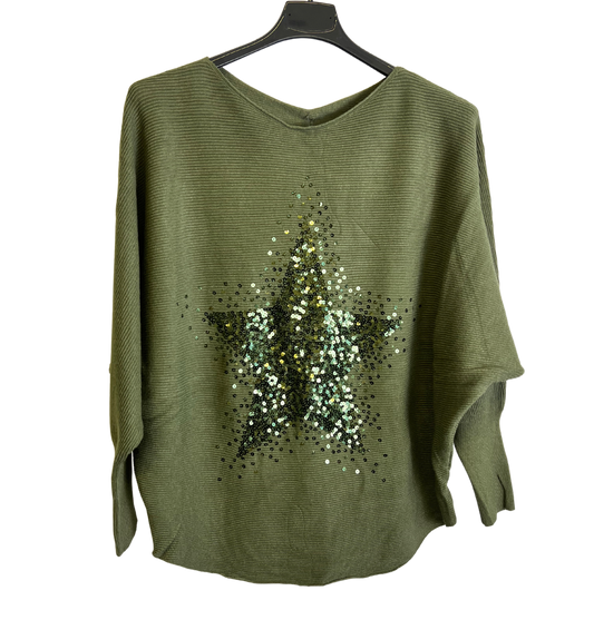 Sequin Star Batwing Sleeve Fine Knit Jumper in Khaki