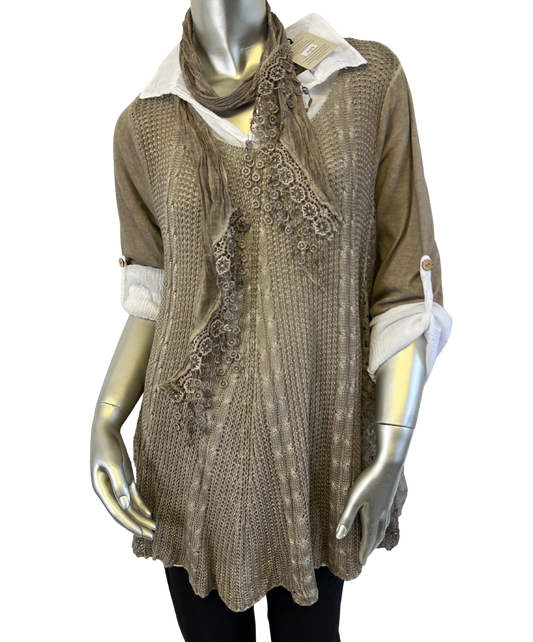 3 Piece Cotton Shirt with Knitted Overtop Tunic and Scarf in Mocha