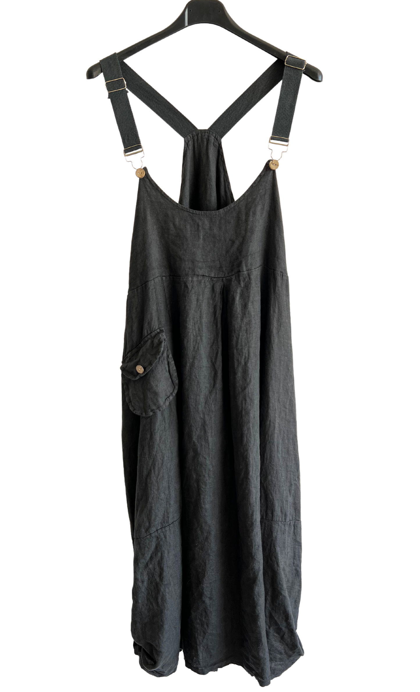 Lightweight Summer Linen Dungaree Dress in Black