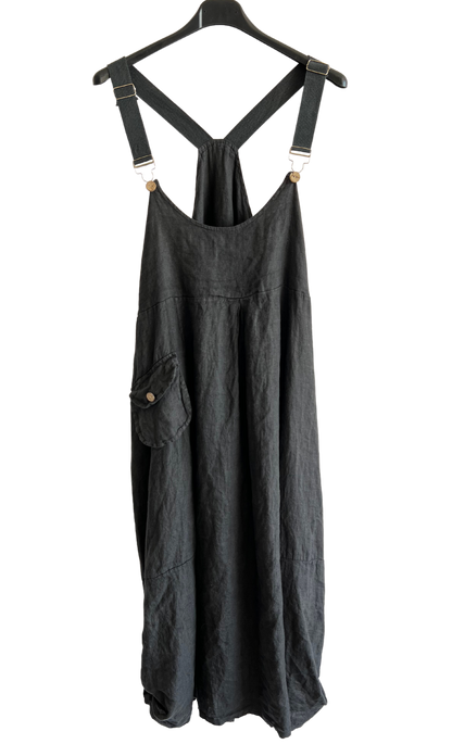 Lightweight Summer Linen Dungaree Dress in Black