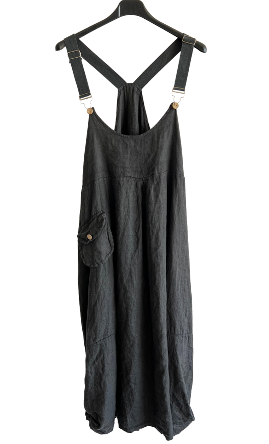 Lightweight Summer Linen Dungaree Dress in Black