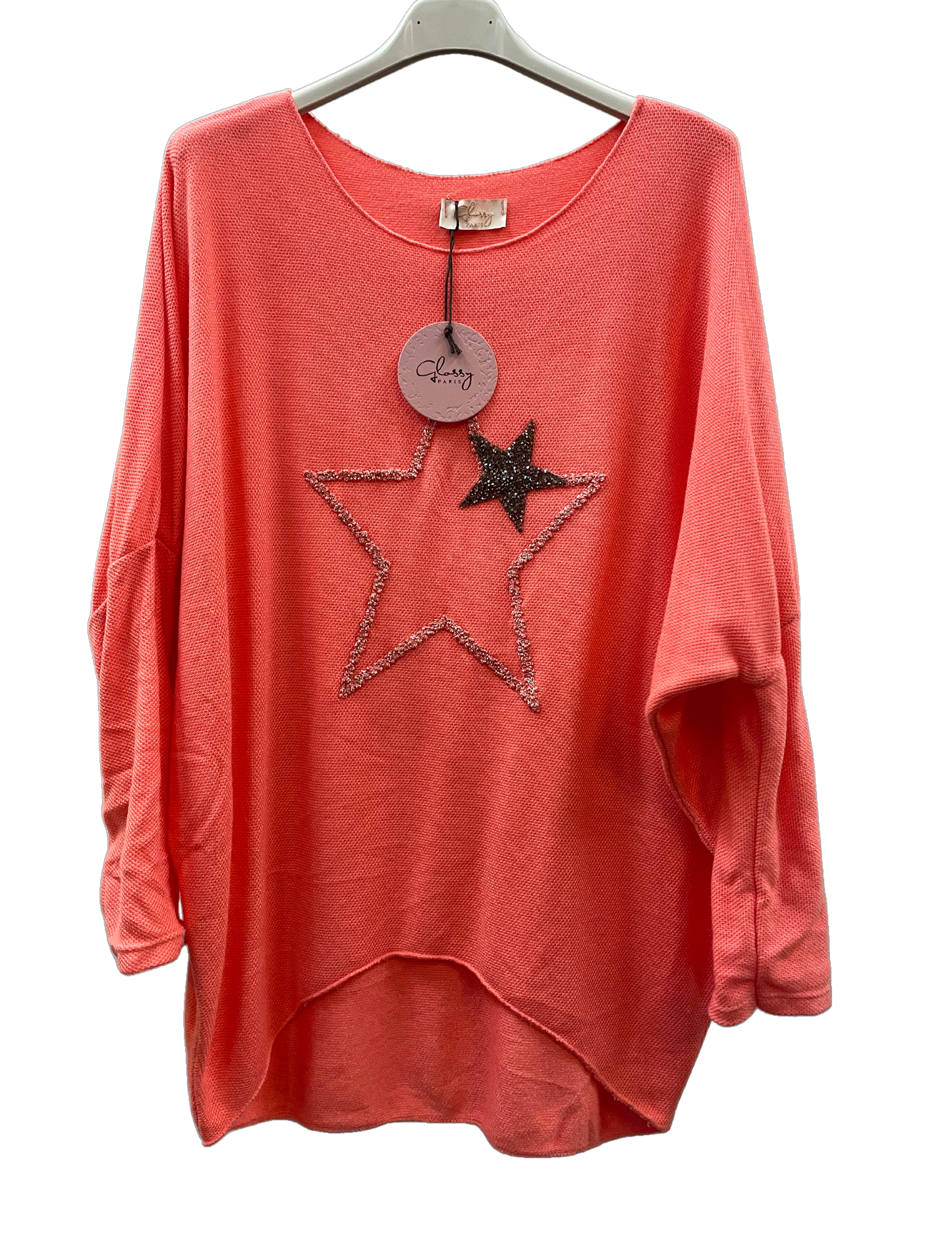 Soft Knit Curved Hem Sparkle Star Design Jumper Top in Coral