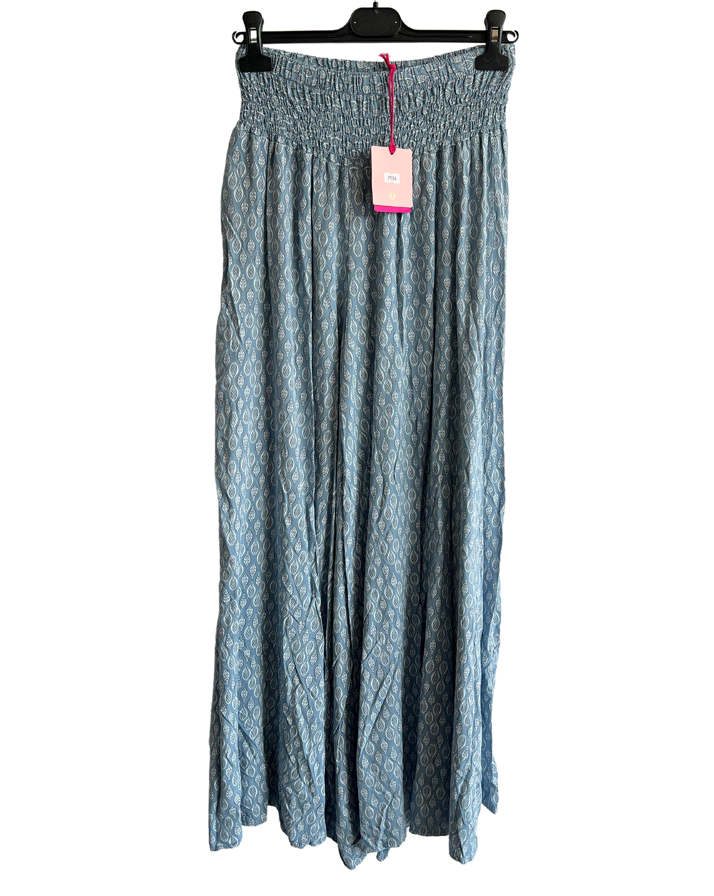 Leaf Print Wide Leg Summer Palazzo Trousers In Light Blue