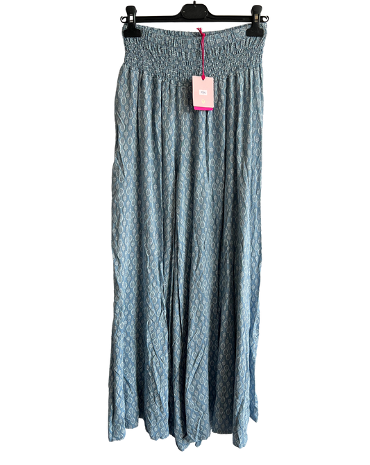 Leaf Print Wide Leg Summer Palazzo Trousers In Light Blue