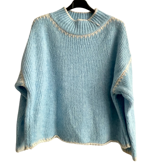 Soft Knitted Italian High Neck Jumper with Blanket Stitch Edging in Light Blue