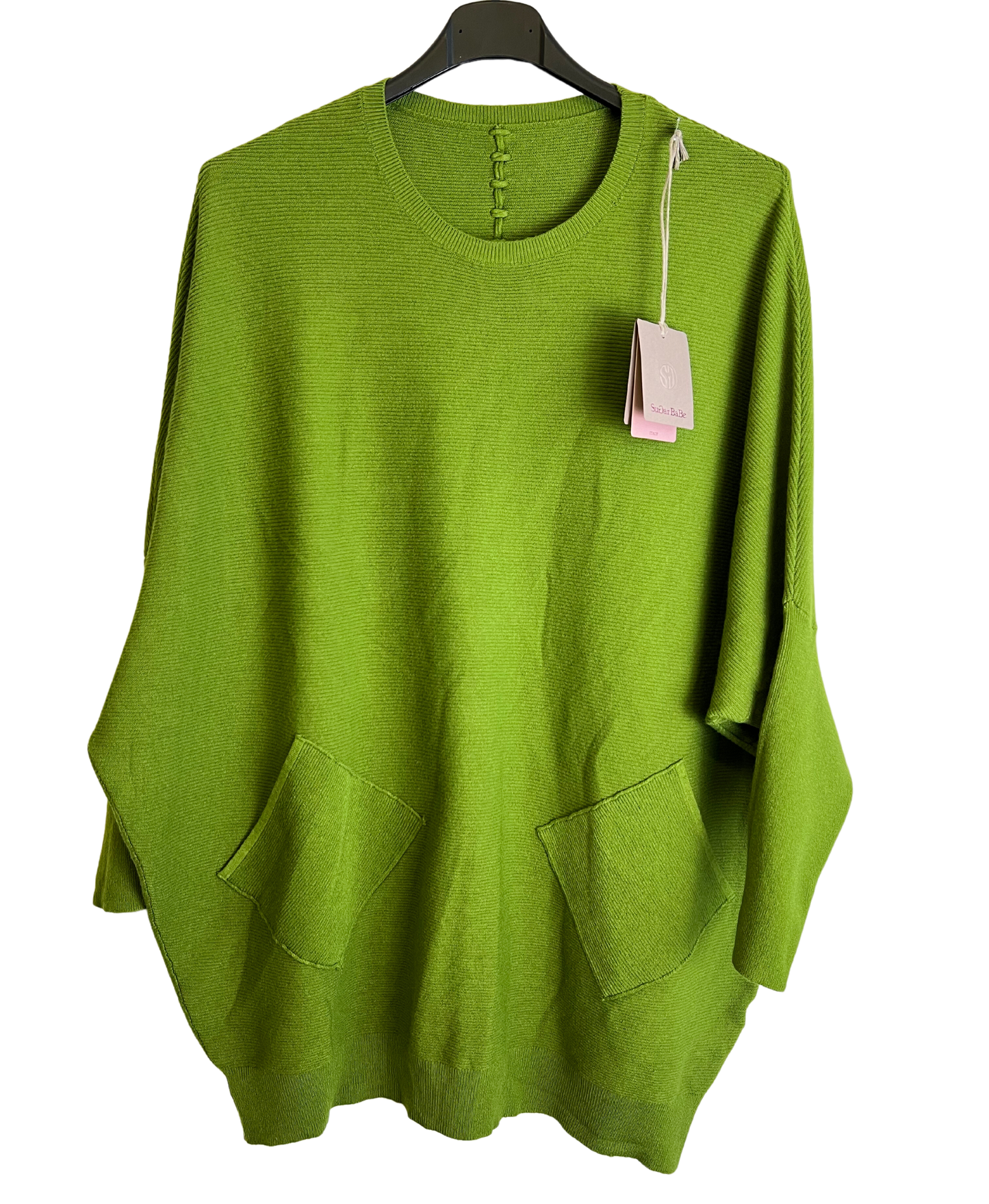 Lagenlook Italian Plait Back Design 2 Pocket Jumper in Lime Green