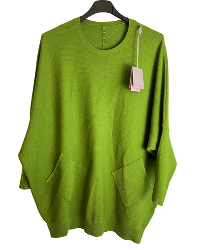 Lagenlook Italian Plait Back Design 2 Pocket Jumper in Lime Green