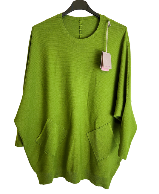 Lagenlook Italian Plait Back Design 2 Pocket Jumper in Lime Green