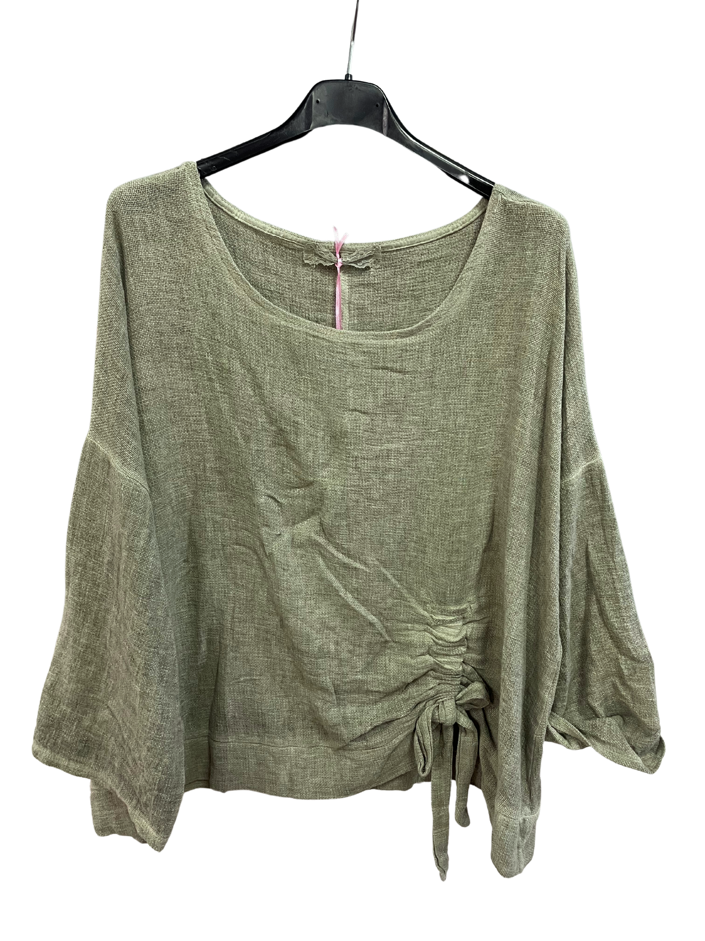 Summer Lagenlook Italian Scoop Neck Ruched Linen Top in Khaki