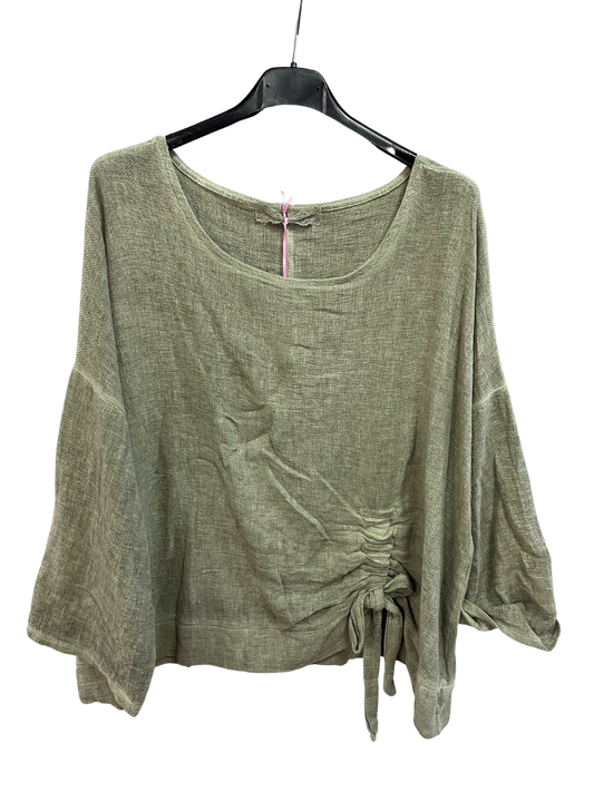 Summer Lagenlook Italian Scoop Neck Ruched Linen Top in Khaki