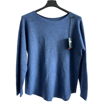 Soft Round Neck Jumper with Curved Hem In Darker Denim Blue