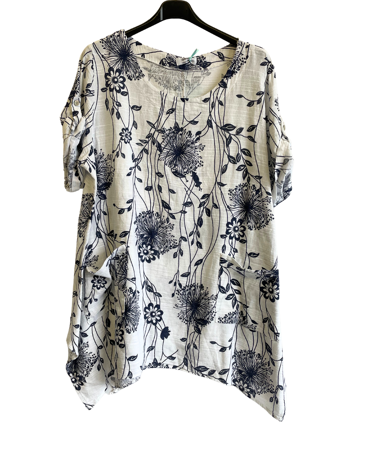 Lightweight Oversized 2 Pocket Floral Cotton & Linen Top in White