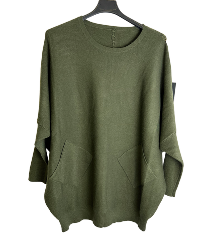 Lagenlook Italian Plait Back Design 2 Pocket Jumper in Khaki