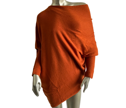 Asymmetric Draped Slouch Neck Soft Jumper with Long Fitted Sleeves