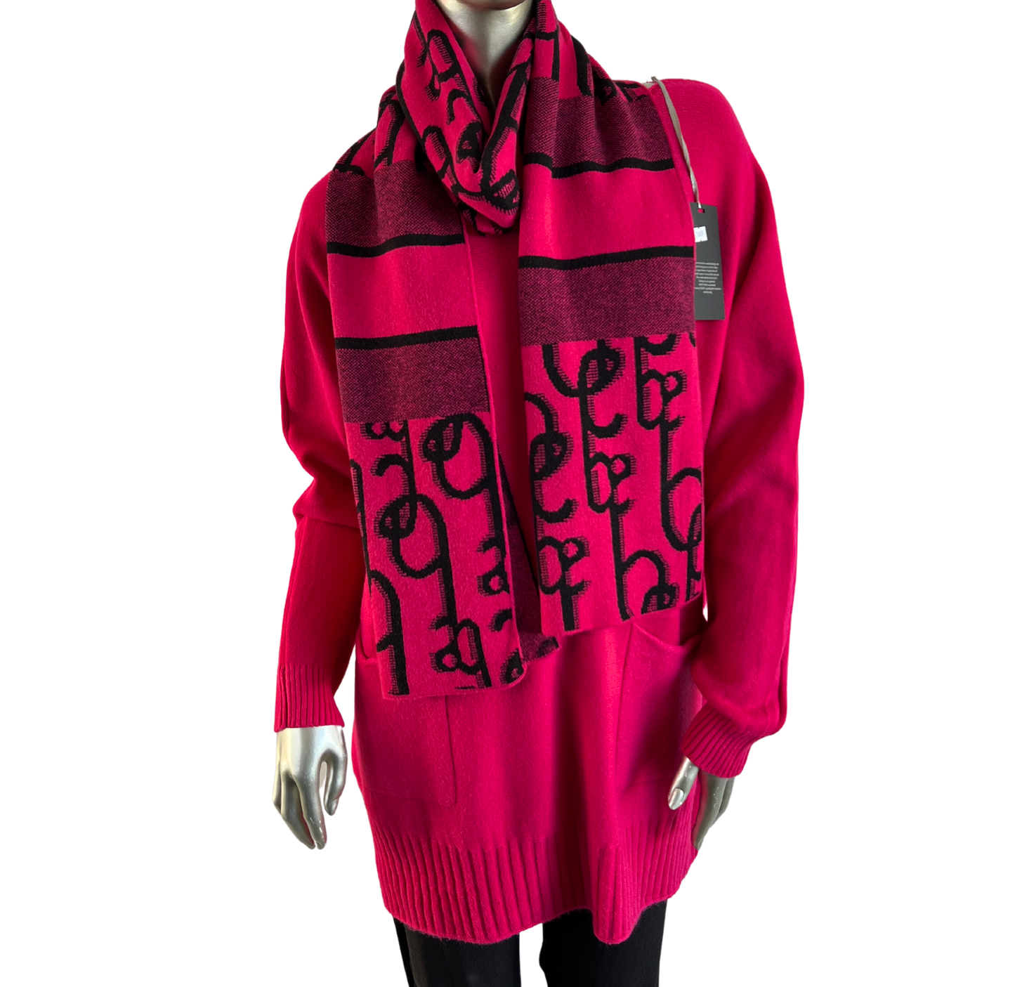 Knitted Long Sleeved Matching Jumper and Scarf Set in Fuchsia