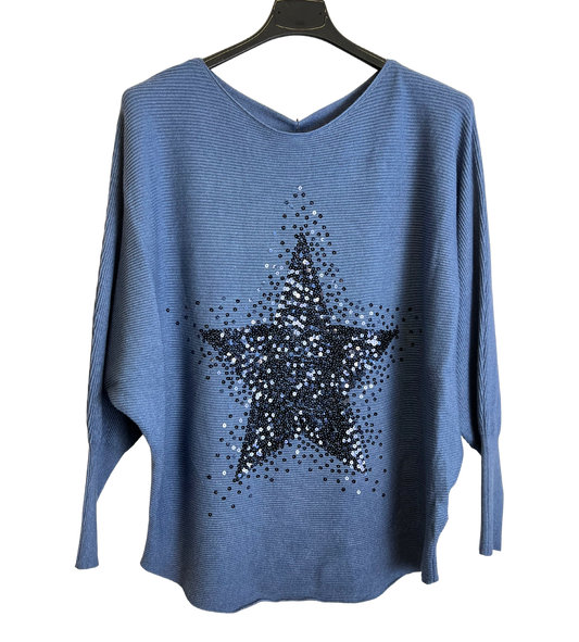 Sequin Star Batwing Sleeve Fine Knit Jumper in Denim Blue