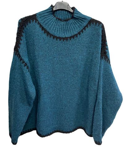 Soft Knitted Italian High Neck Jumper with Blanket Stitch Edging