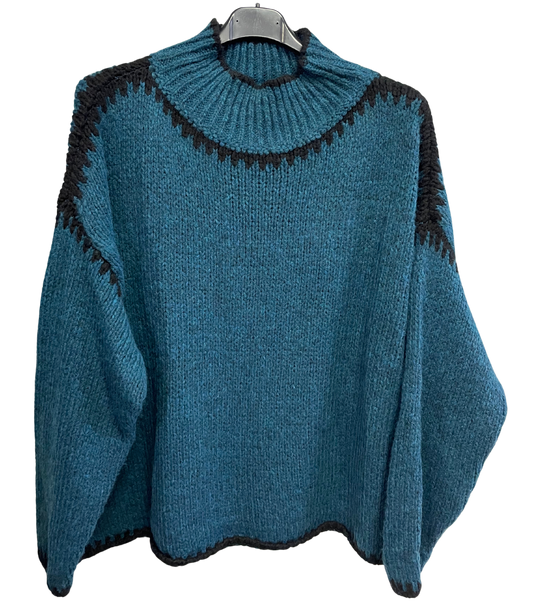 Soft Knitted Italian High Neck Jumper with Blanket Stitch Edging