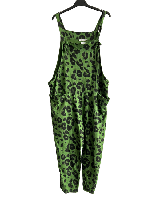 2 Pocket Animal Leopard Print Summer Dungarees In Green