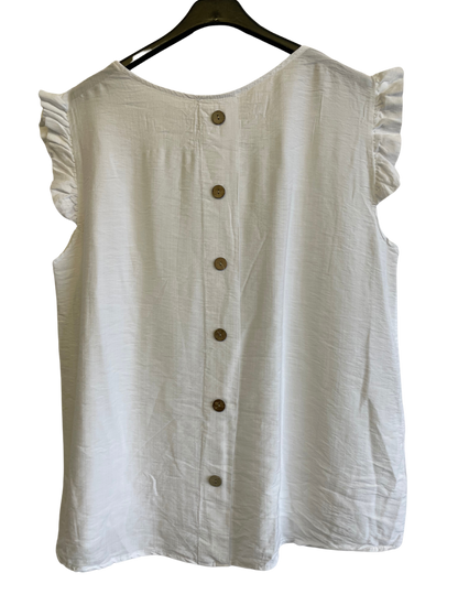 Button Back Summer Frill Cap Sleeve Plain Vest Top in White