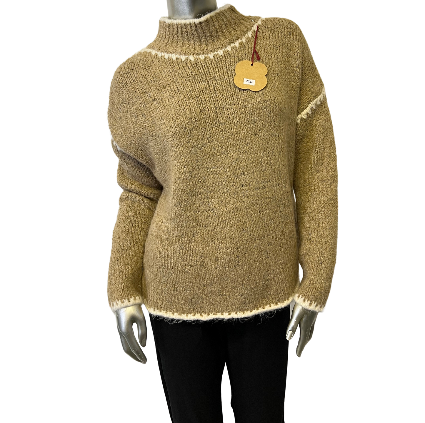 Soft Knitted Italian High Neck Jumper with Blanket Stitch Edging in Camel