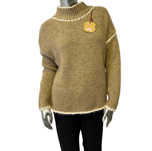 Soft Knitted Italian High Neck Jumper with Blanket Stitch Edging in Camel