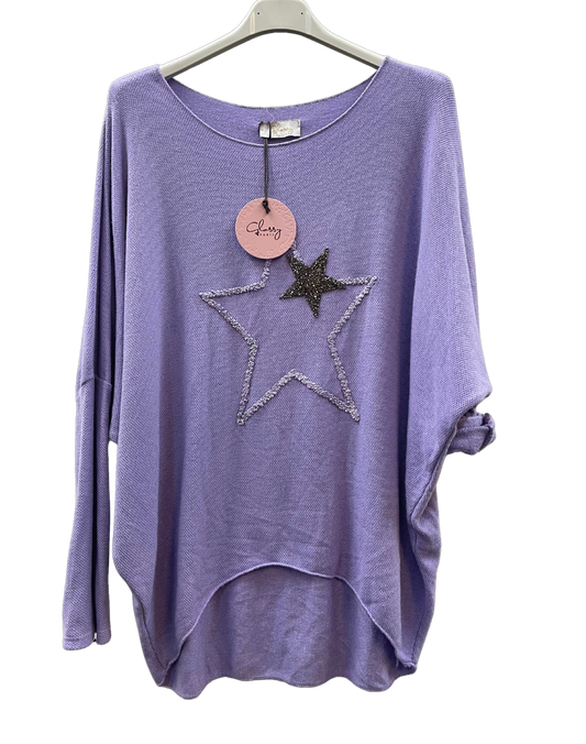 Soft Knit Curved Hem Sparkle Star Design Jumper Top in Lilac