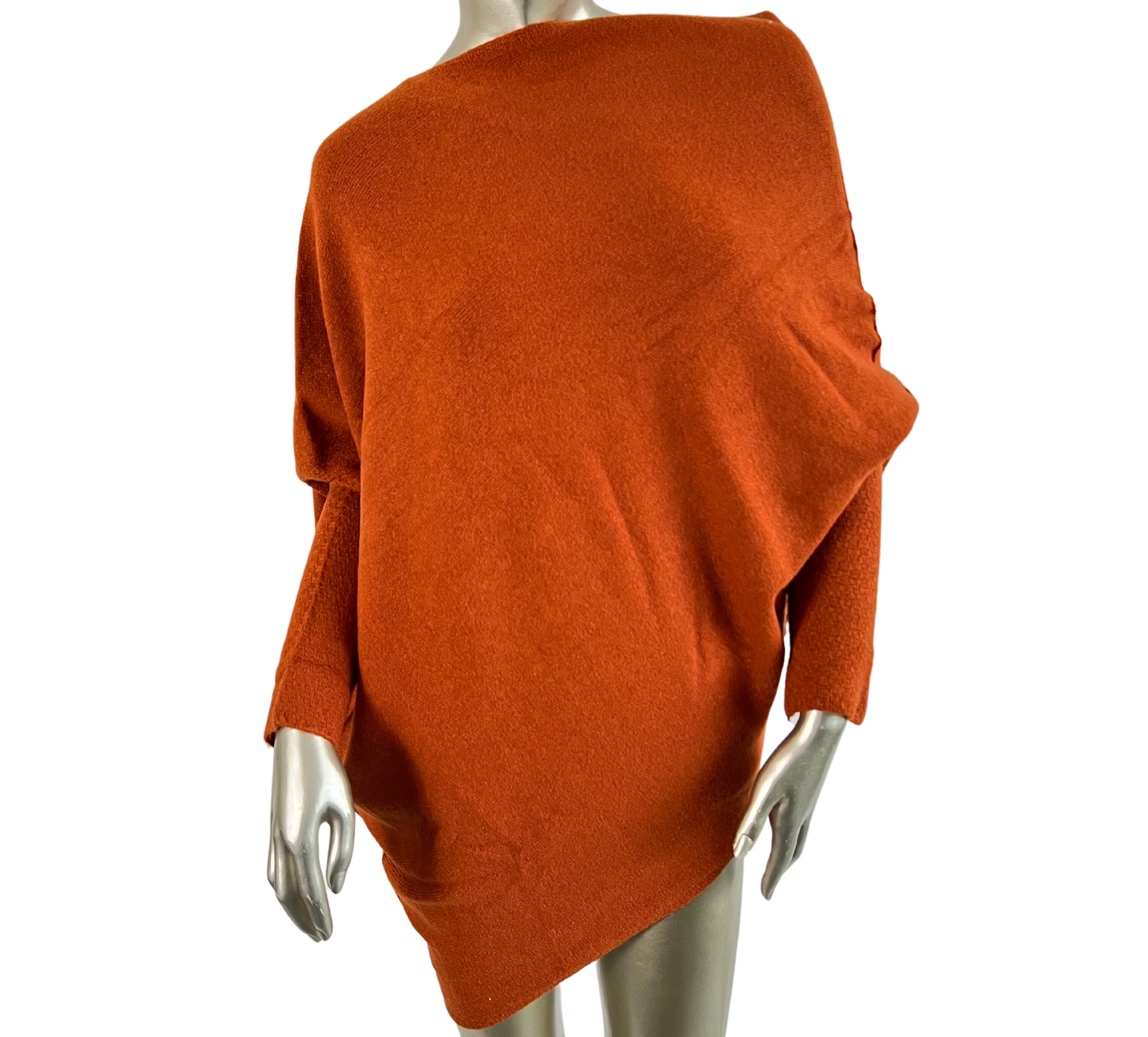 Asymmetric Draped Slouch Neck Soft Jumper with Long Fitted Sleeves in Rust