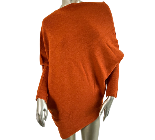 Asymmetric Draped Slouch Neck Soft Jumper with Long Fitted Sleeves in Rust