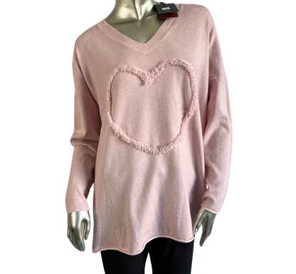 Soft Knit Embossed Heart Design V-Neck Jumper in Pink