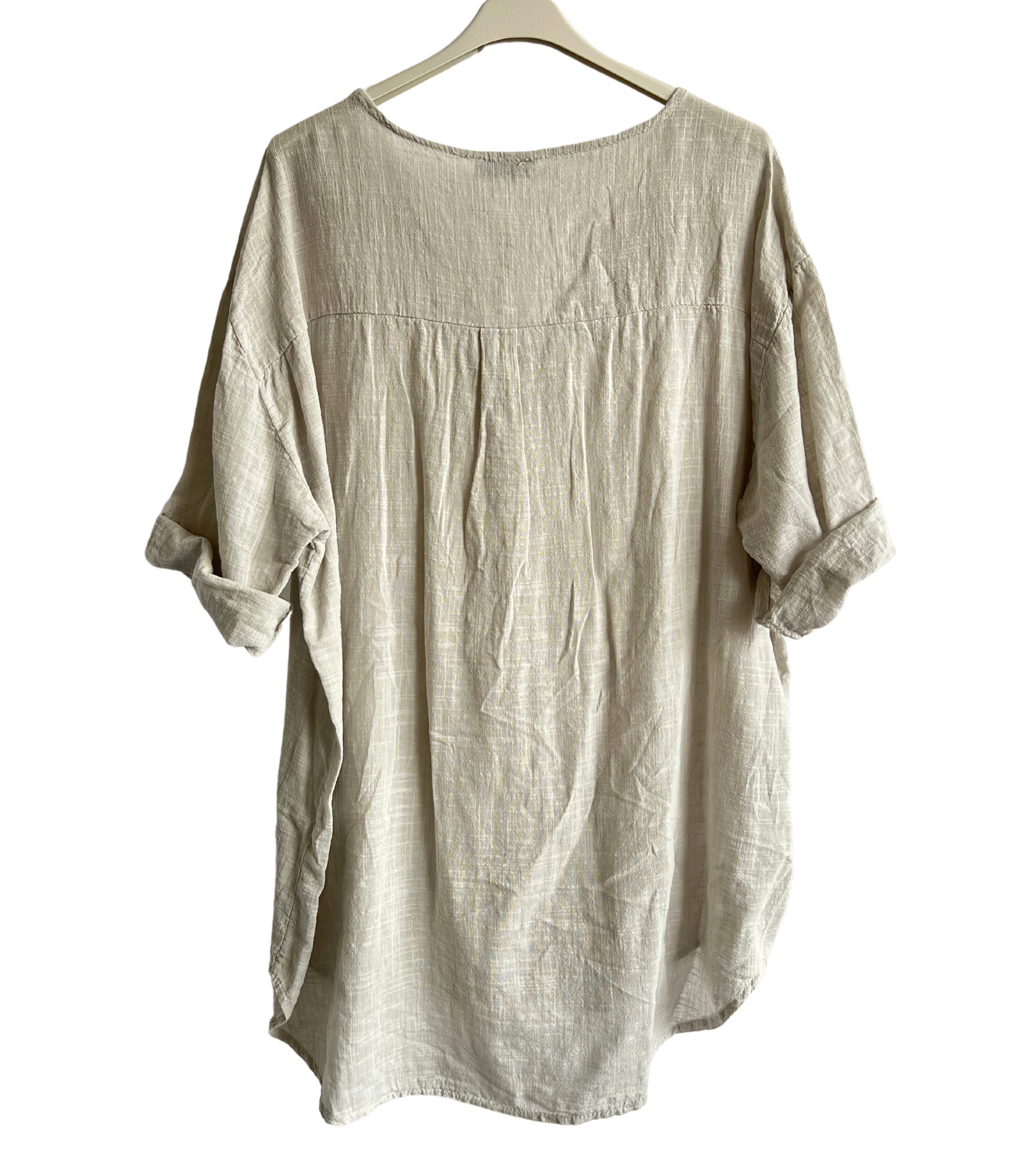 Oversized Cotton & Linen Blend Button Top In Beige