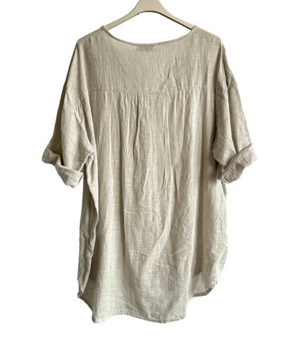 Oversized Cotton & Linen Blend Button Top In Beige