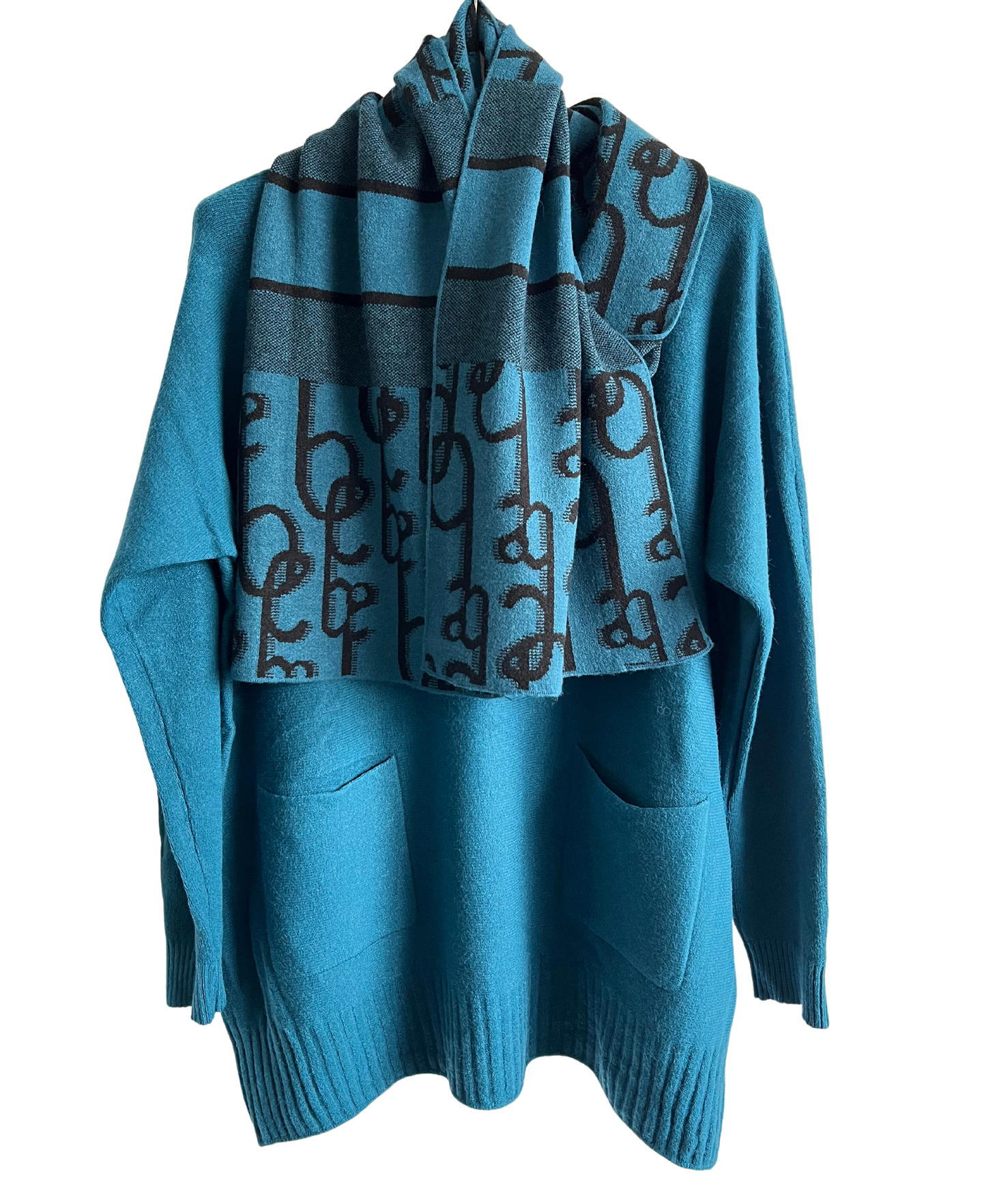 Knitted Long Sleeved Matching Jumper and Scarf Set in Teal