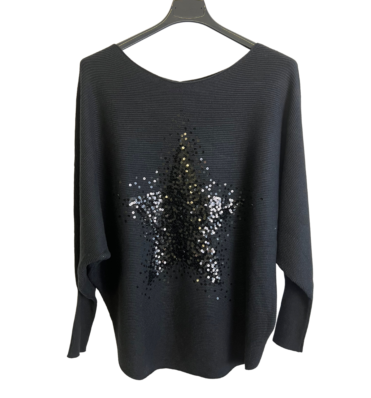 Sequin Star Batwing Sleeve Fine Knit Jumper in Black