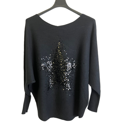 Sequin Star Batwing Sleeve Fine Knit Jumper in Black