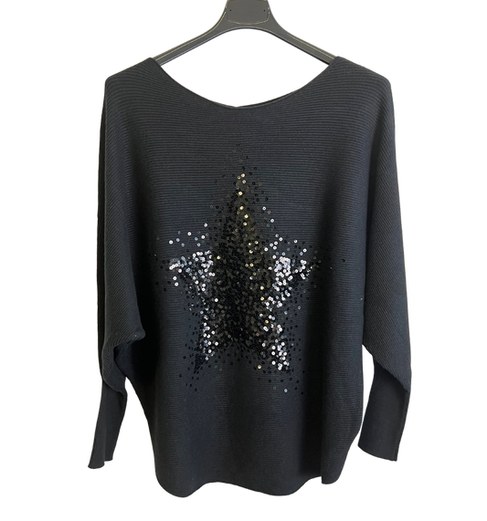 Sequin Star Batwing Sleeve Fine Knit Jumper in Black