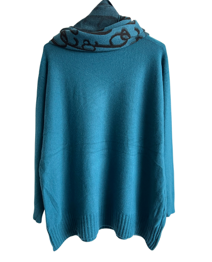 Knitted Long Sleeved Matching Jumper and Scarf Set in Teal