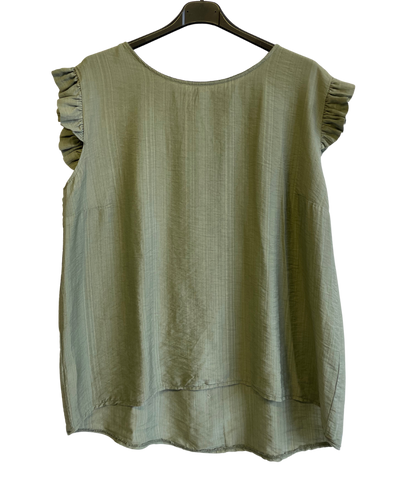 Button Back Summer Frill Cap Sleeve Plain Vest Top in Khaki