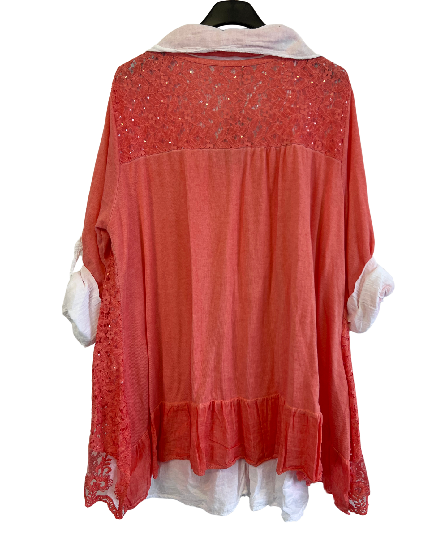 3 Piece Cotton Shirt with Knitted Overtop Tunic and Scarf in Coral