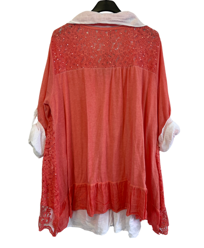 3 Piece Cotton Shirt with Knitted Overtop Tunic and Scarf in Coral