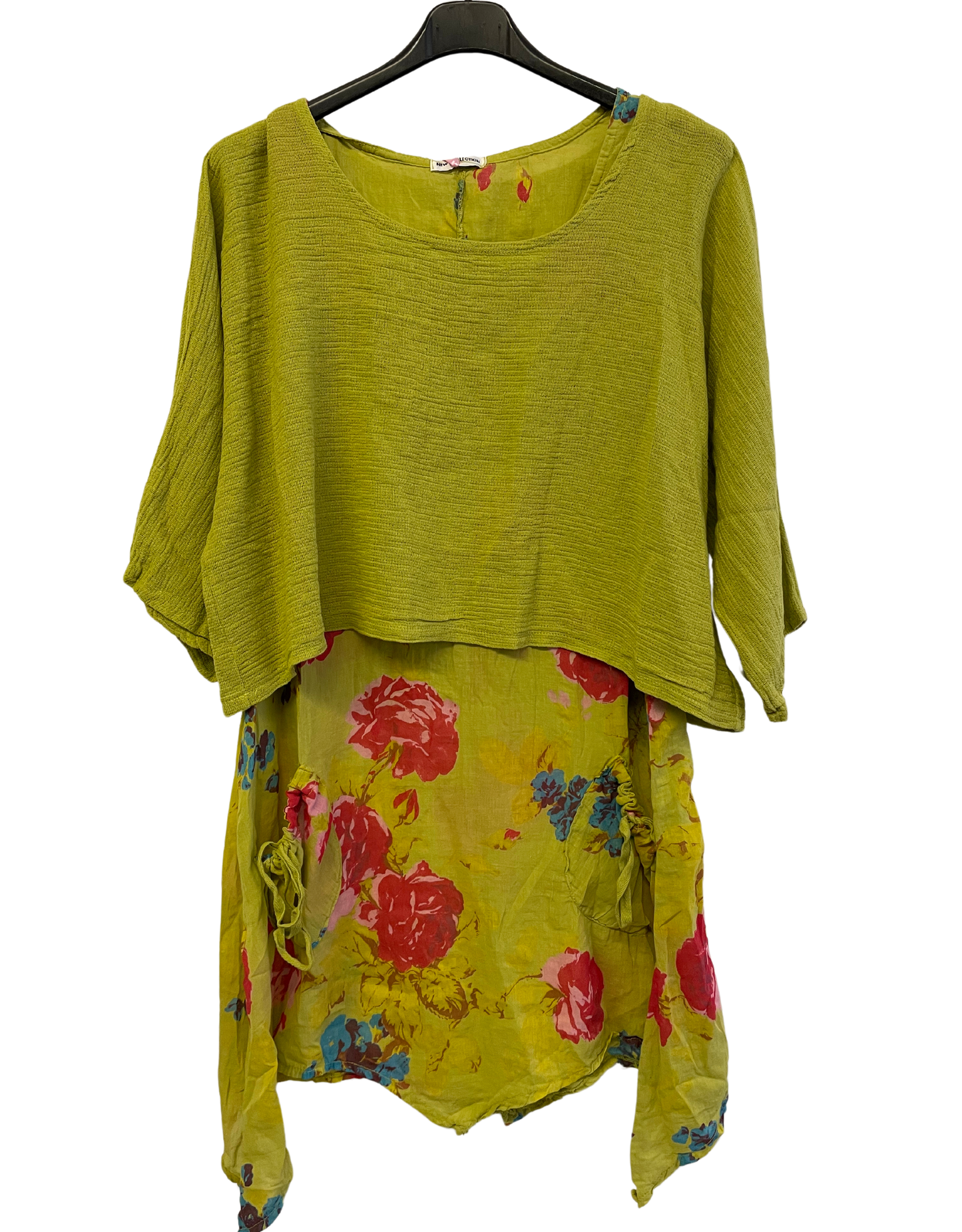 2 Piece Floral Dress Asymmetric Hem with Plain Top in Lime Green