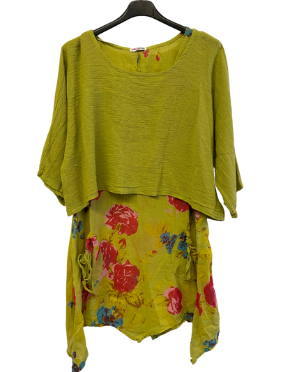 2 Piece Floral Dress Asymmetric Hem with Plain Top in Lime Green