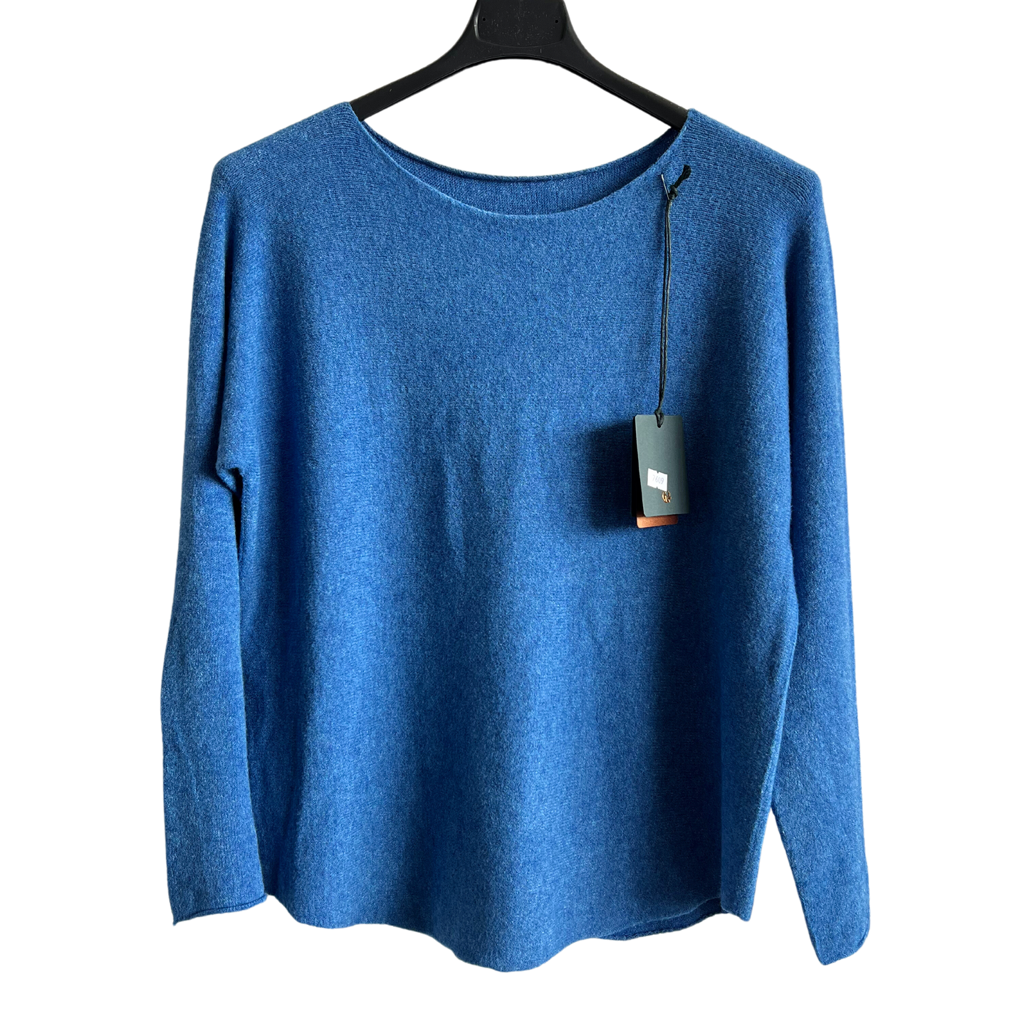 Soft Round Neck Jumper with Curved Hem In Denim Blue