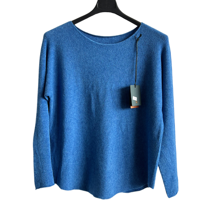 Soft Round Neck Jumper with Curved Hem In Denim Blue