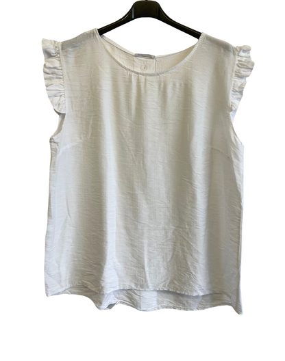 Button Back Summer Frill Cap Sleeve Plain Vest Top in White