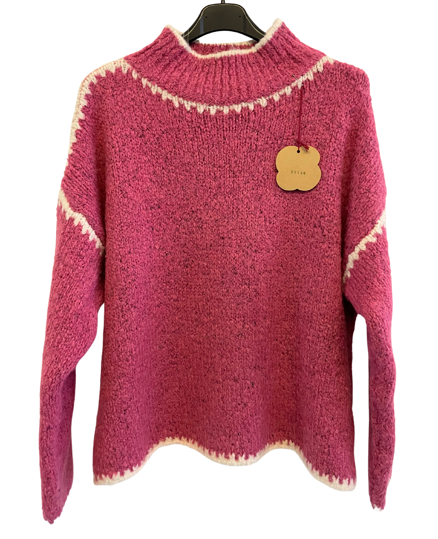 Soft Knitted Italian High Neck Jumper with Blanket Stitch Edging in Fuchsia