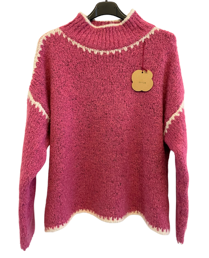 Soft Knitted Italian High Neck Jumper with Blanket Stitch Edging in Fuchsia