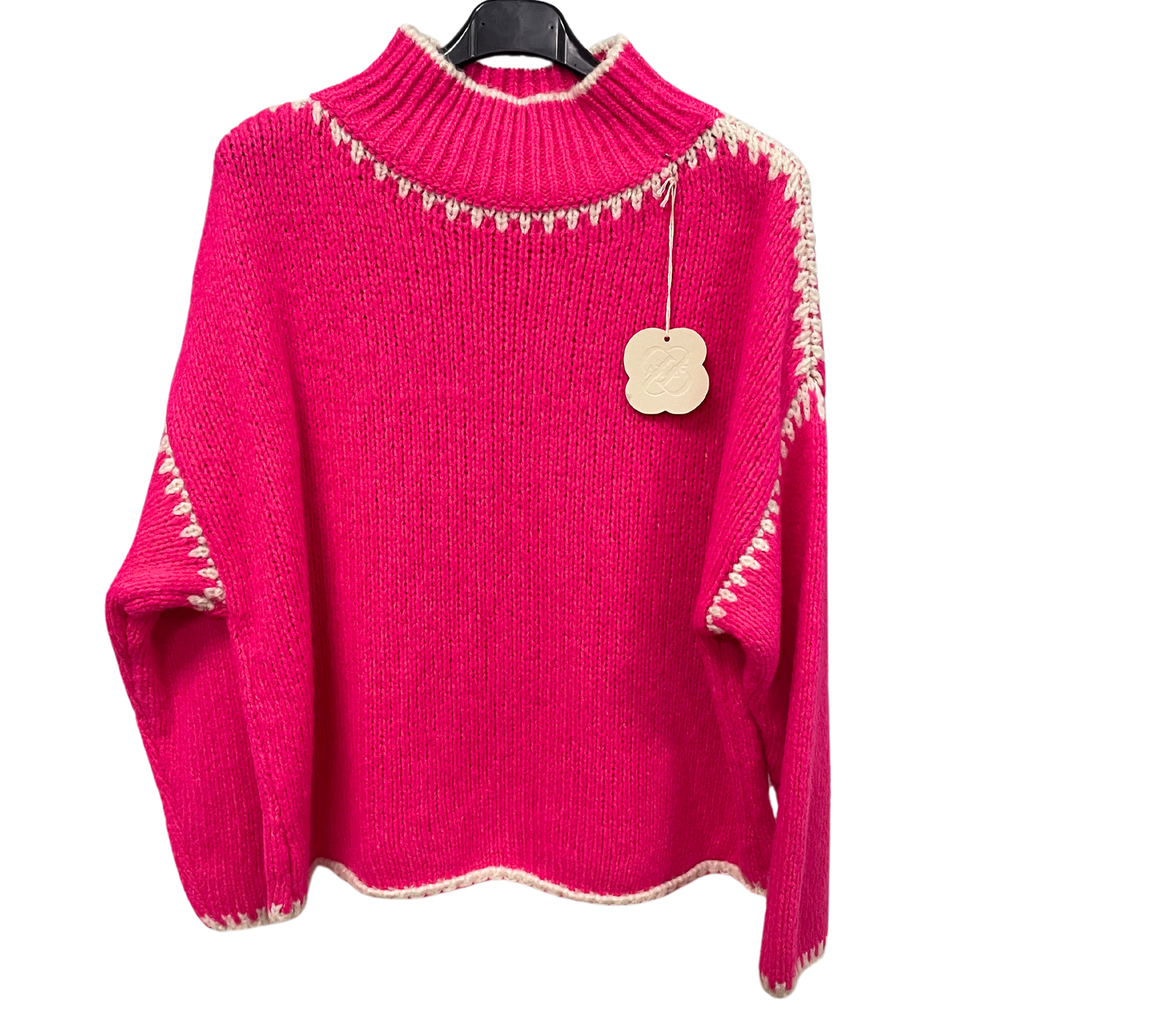 Soft Knitted Italian High Neck Jumper with Blanket Stitch Edging in Bright Fuchsia