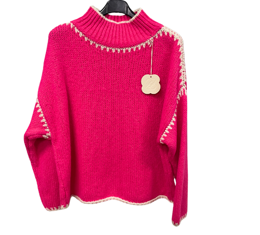 Soft Knitted Italian High Neck Jumper with Blanket Stitch Edging in Bright Fuchsia