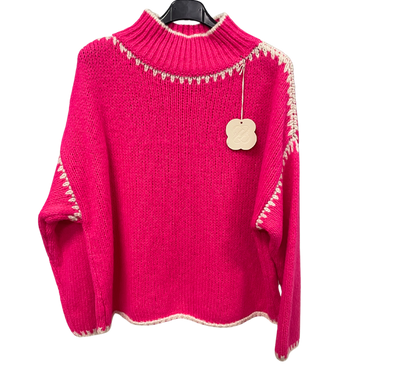 Soft Knitted Italian High Neck Jumper with Blanket Stitch Edging